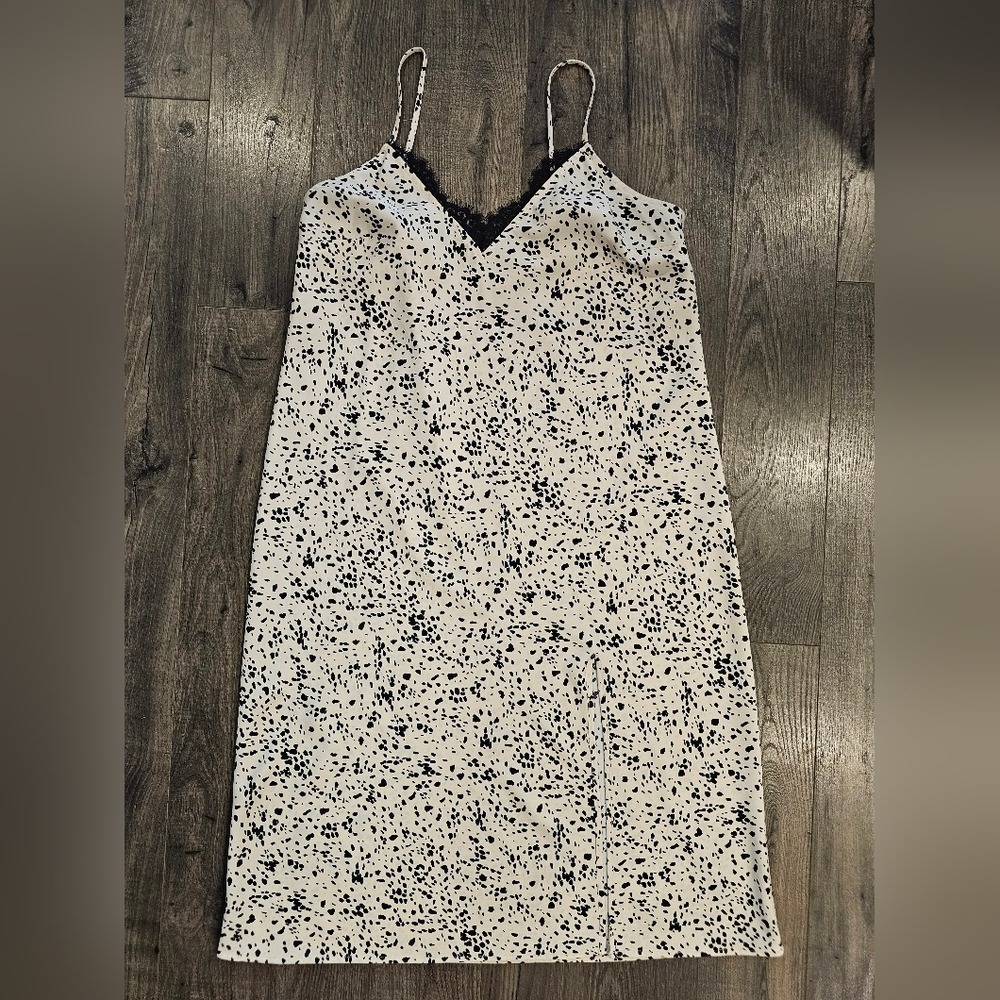 Womens L Chic Black Cream Spotted Midi Spaghetti Strap‎ Lingerie Slip Dress Lace